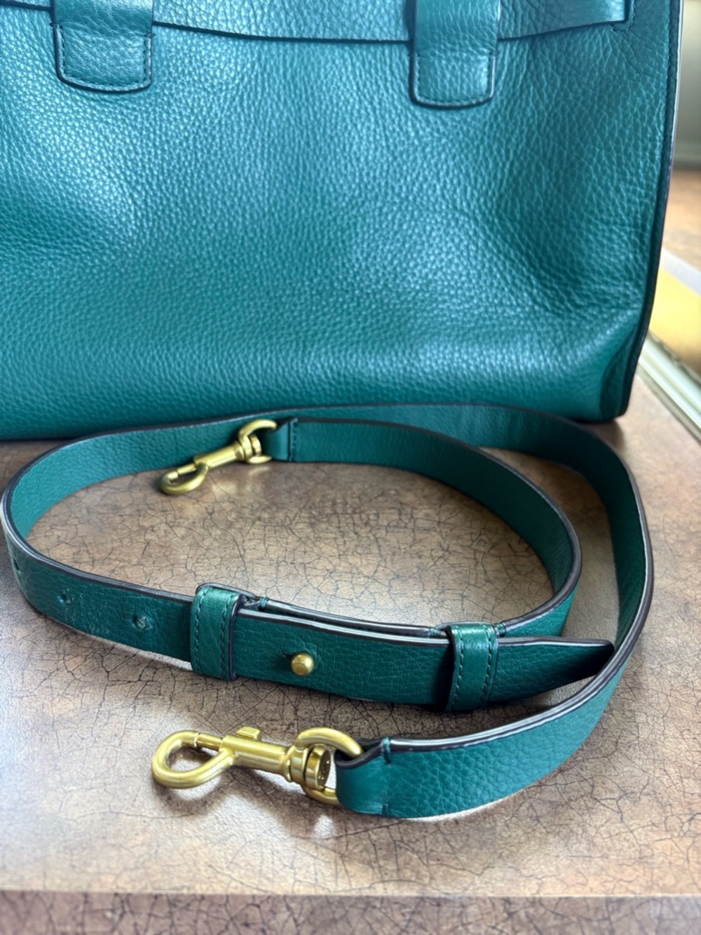 Tory Burch Emerald Green Pebbled Leather Satchel with Gold Hardware - Picture 6 of 10